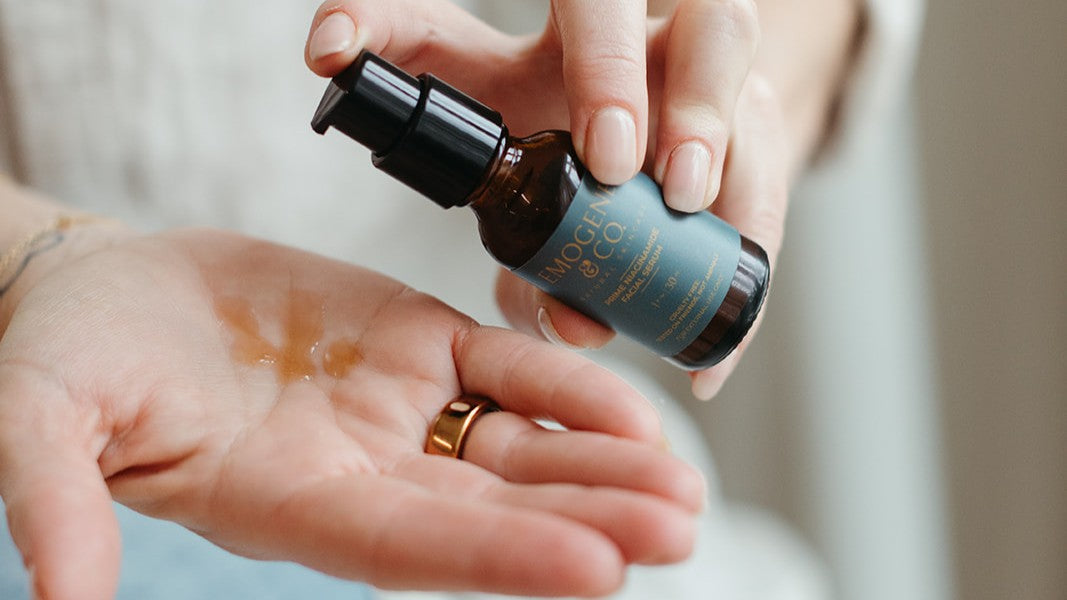 Woman Applying Prime Niacinamide Serum for Nighttime Fall Skincare Routine as a part of the Moisture Sandwich Method 