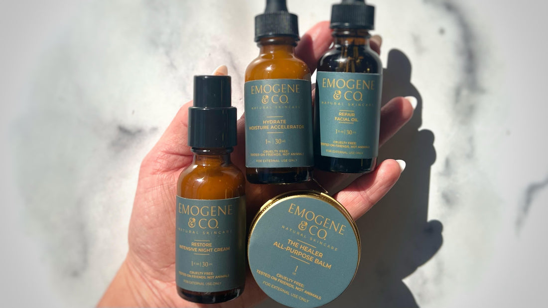 Hand full of skincare products showing how to layer skincare specifically the moisture sandwich method
